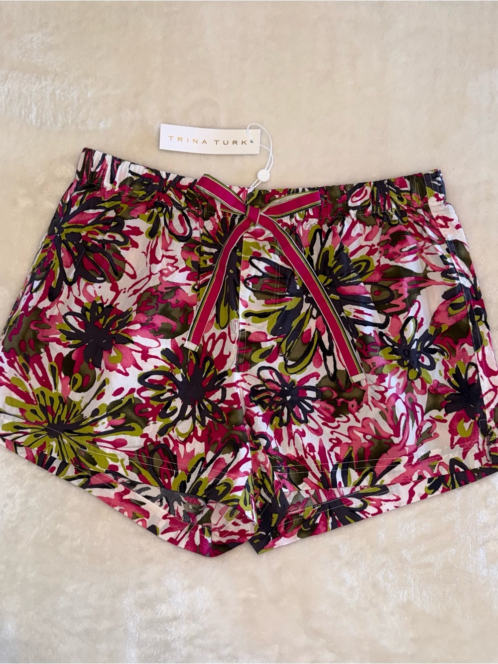 NWT Trina Turk Floral Pull-On Pajama Shorts in Pink & Olive Sz M